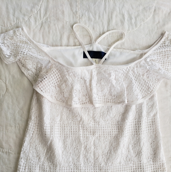 Blue Rain Cotton White Lace Off-Shoulder Blouse | Elegant Date Night Top, Spring - Picture 2 of 9